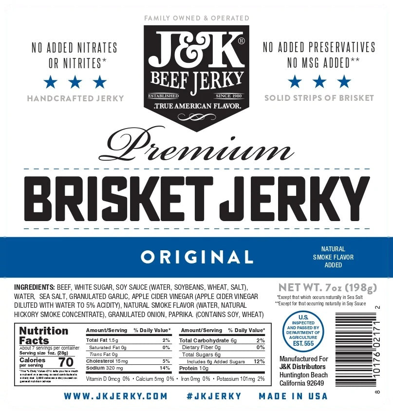 Original Brisket Beef Jerky label with ingredients and nutrition facts