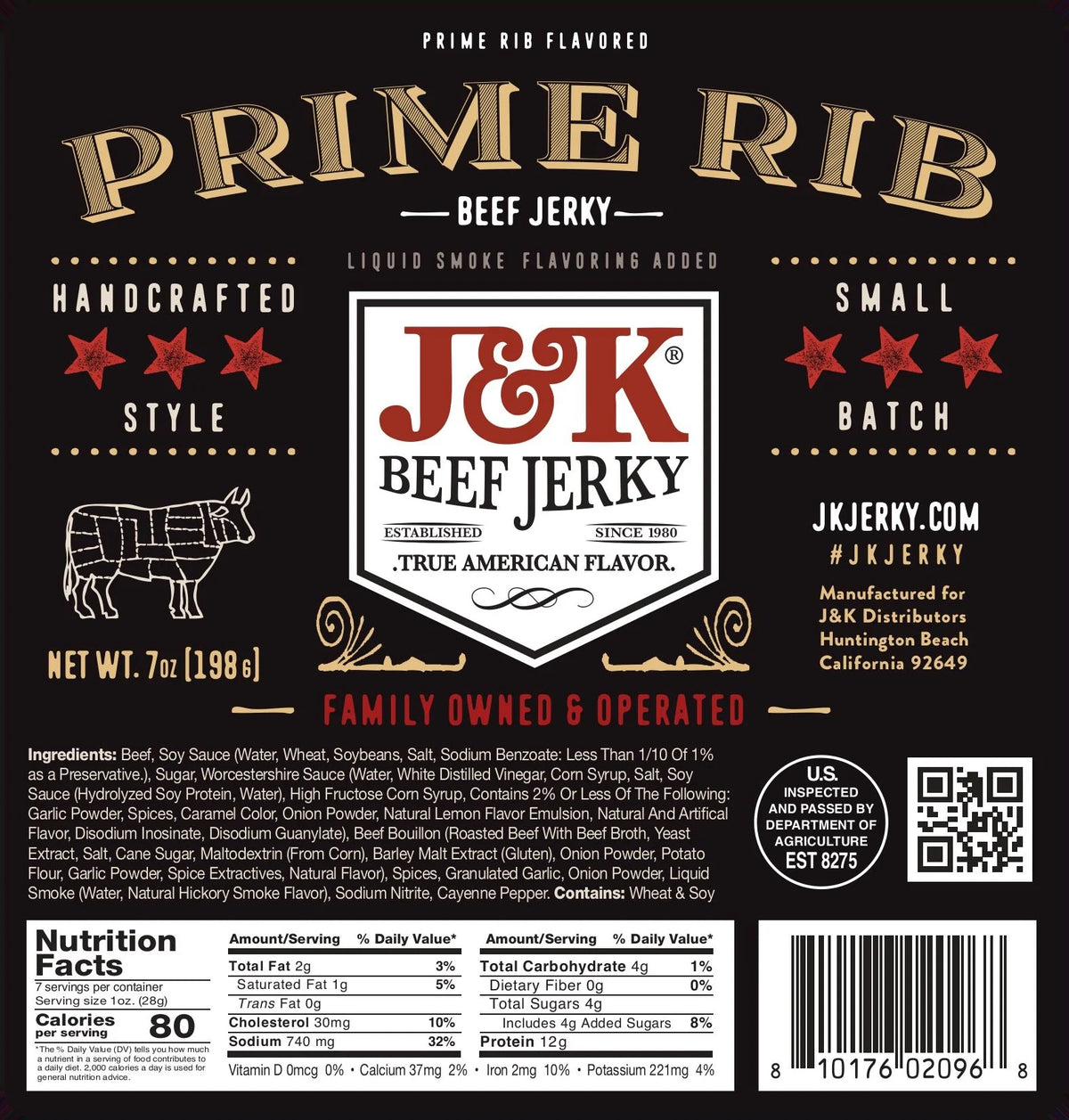 Prime Rib Beef Jerky label with ingredients and nutrition facts