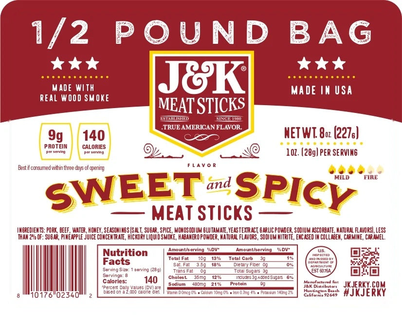Sweet & Spicy Meat Sticks label with ingredients and nutrition facts