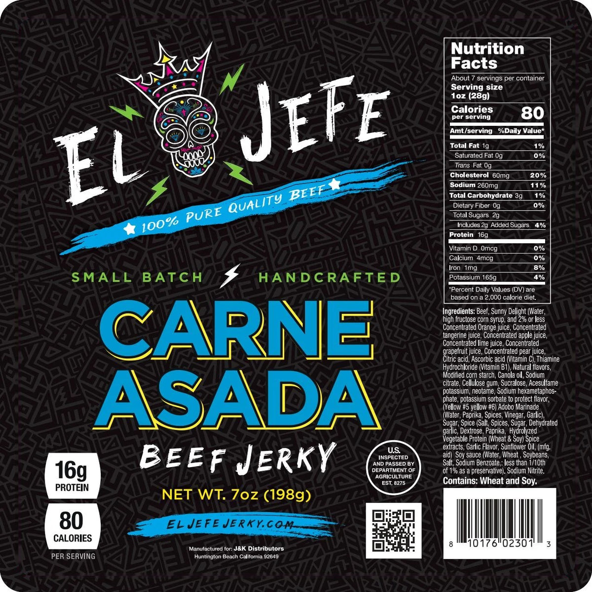 Carne Asada Beef Jerky label with ingredients and nutrition facts