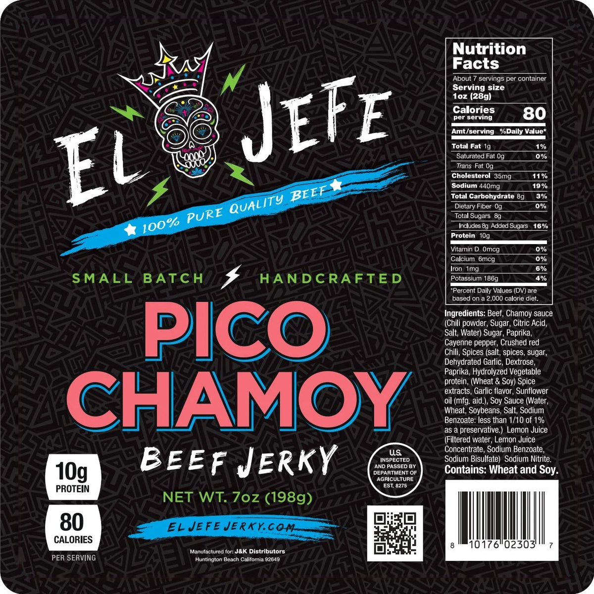 Pico Chamoy Beef Jerky label with ingredients and nutrition facts
