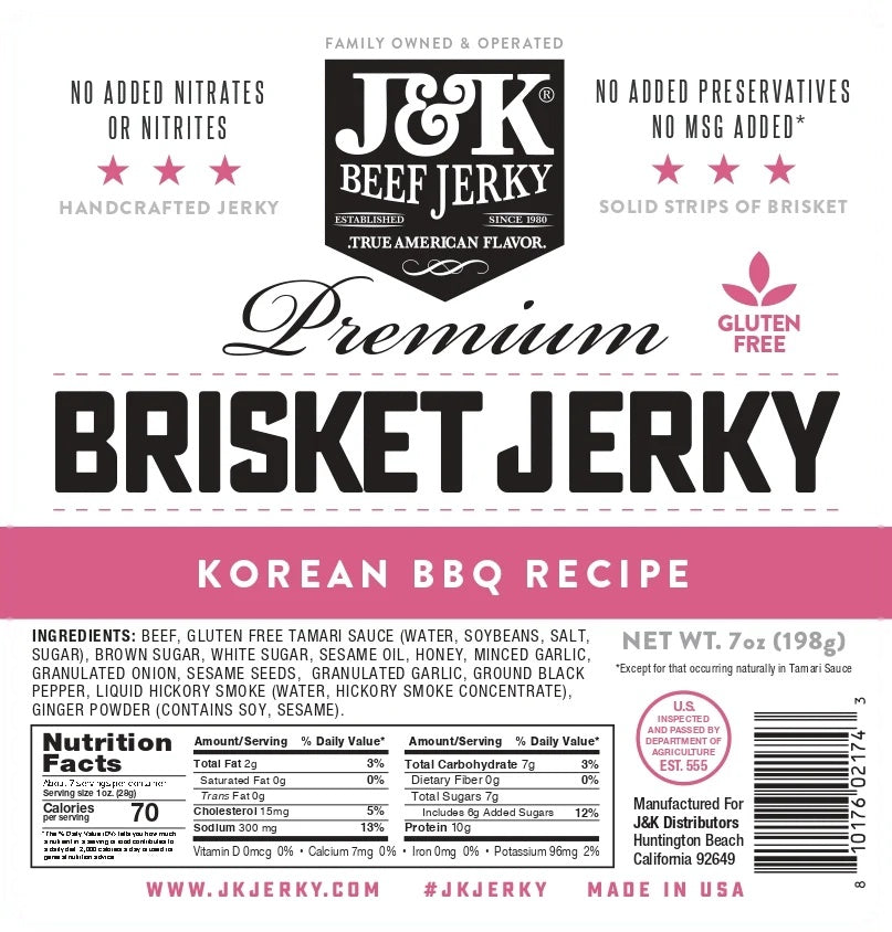 Korean BBQ Brisket Beef Jerky label with ingredients and nutrition facts