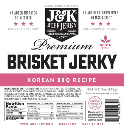 Korean BBQ Brisket Beef Jerky label with ingredients and nutrition facts