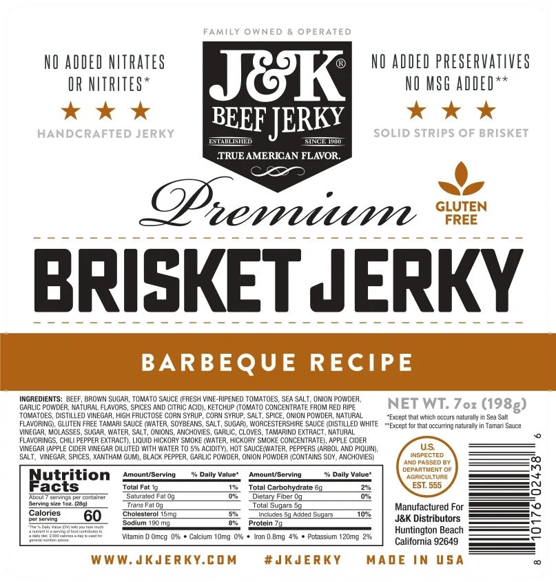 BBQ Brisket Beef Jerky label with ingredients and nutrition facts