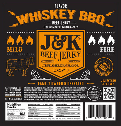 Whiskey BBQ Beef Jerky label with ingredients and nutrition facts