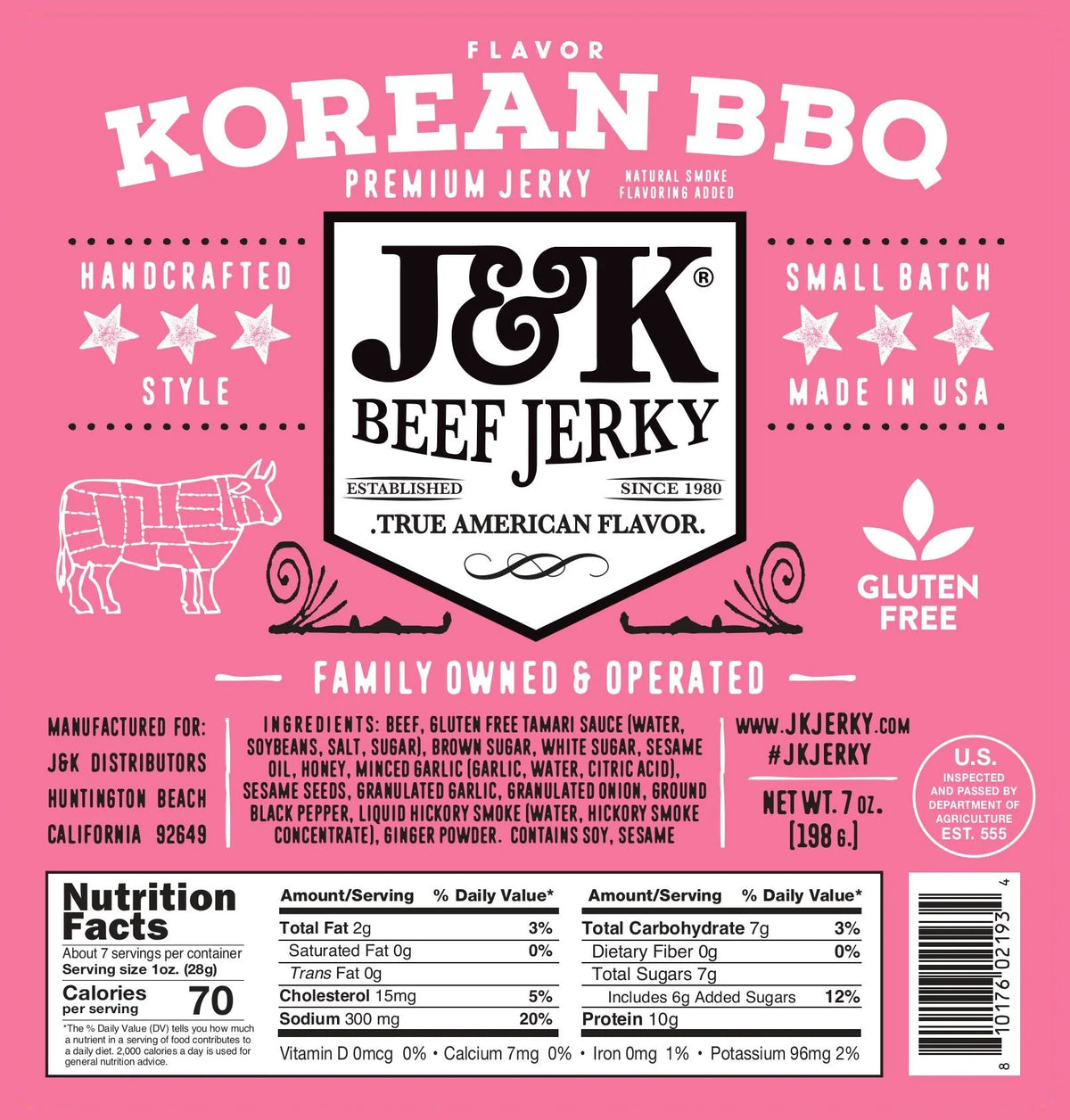 Korean BBQ Beef Jerky label with ingredients and nutrition facts