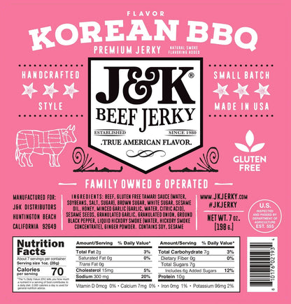 Korean BBQ Beef Jerky label with ingredients and nutrition facts