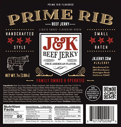 Prime Rib Beef Jerky label with ingredients and nutrition facts