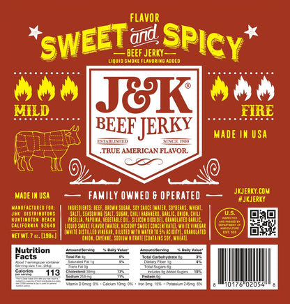 Sweet &amp; Spicy Beef Jerky label with ingredients and nutrition facts