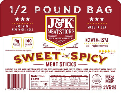 Sweet &amp; Spicy Meat Sticks label with ingredients and nutrition facts