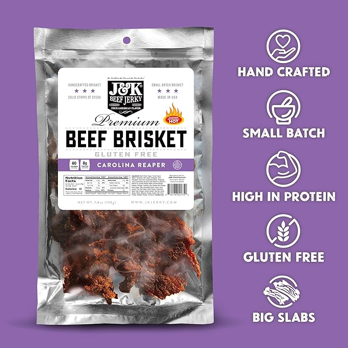 J&K Beef Brisket - Carolina Reaper Flavor Hand Crafted, Small Batch, High in Protein, Gluten Free, Big Slabs